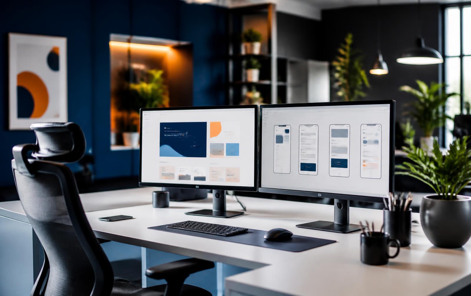 WebApp development workspace with website and mobile app designs